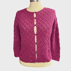 Eddie Bauer XL Crochet Cardigan Magenta Pink Linen Cotton Knit Sweater Grandma